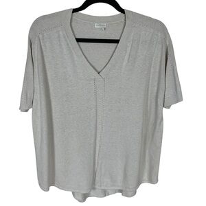 Women's Garnet Hill Beige Linen Cotton Short Sleeve V-Neck Sweater Size L Office